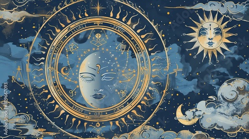 A contemporary astrology banner featuring a vintage-style horoscope zodiac wheel adorned with 12 signs and constellations. It includes depictions of the sun and moon with faces