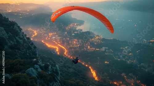 Person paragliding over city at night. Generative AI