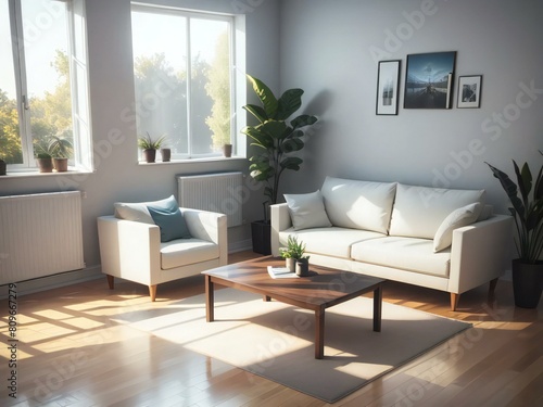 Inviting and chic living room flooded with natural light  showcasing a plush sofa  greenery  and a wooden coffee table