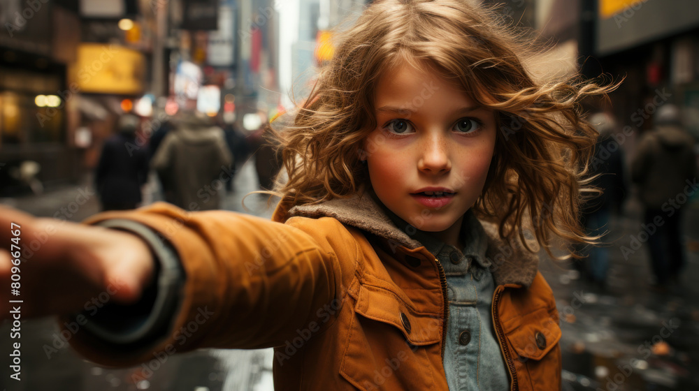 Fototapeta premium Young Girl in Urban Setting Extends Hand Toward Camera on Busy Street