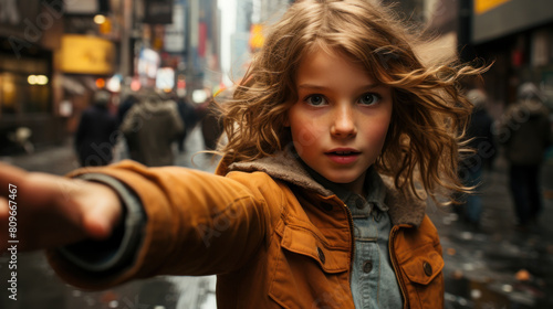Young Girl in Urban Setting Extends Hand Toward Camera on Busy Street