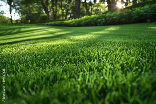 Detailed close-up of green grass with glistening dew drops in the early morning sunlight and shadows in the background