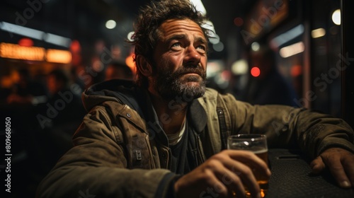 Reflective Man Drinking Beer at a Bar with Moody Lighting