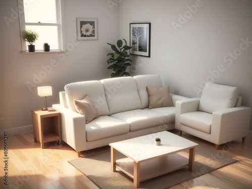 Bright and inviting living room setup with a comfortable white sofa, armchair, wooden furniture, and decorative houseplant in sunlight