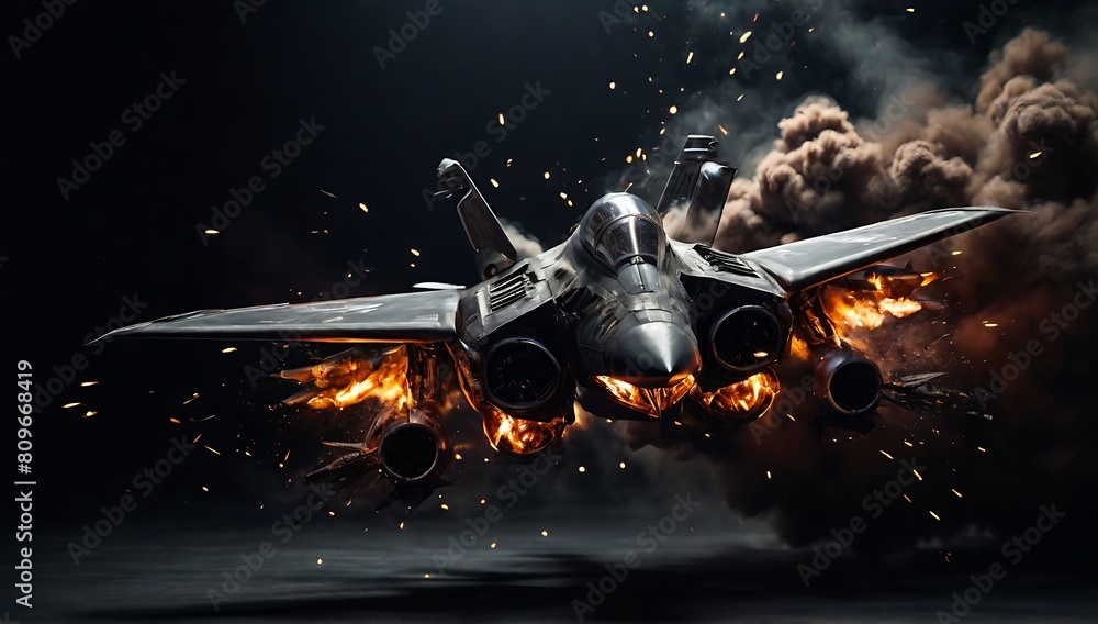 Naklejka premium military jet destroyed by an explosion in the sky