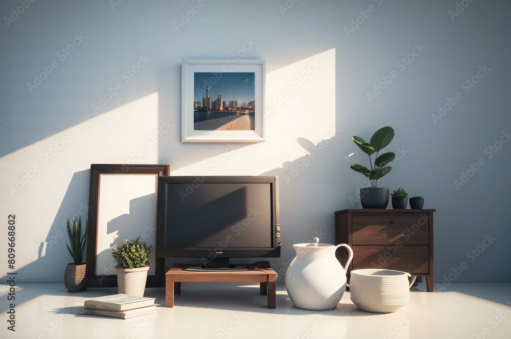 Obraz premium Modern living room with a flat screen tv, framed city skyline, potted plants, and simple furniture illuminated by natural light