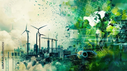 Green energy usage around the globe. Collage art.