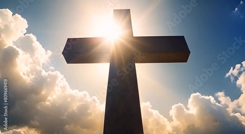 Jesus cross symbol on infinite sky background Sky with clouds and sun rays background with Christian cross in the middle Christian religion Cross on sky background photo