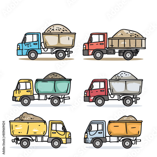 Six dump trucks illustrated various colors carrying different materials. Cartoonstyle graphic construction vehicles, side view, isolated white background. Vibrant colored dump trucks loaded sand