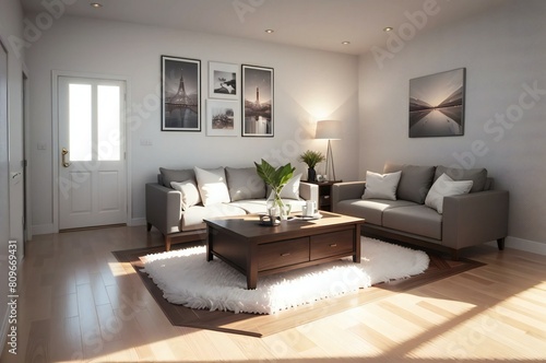Modern living room interior with cozy sofas  stylish wall decor  and plenty of natural light streaming in