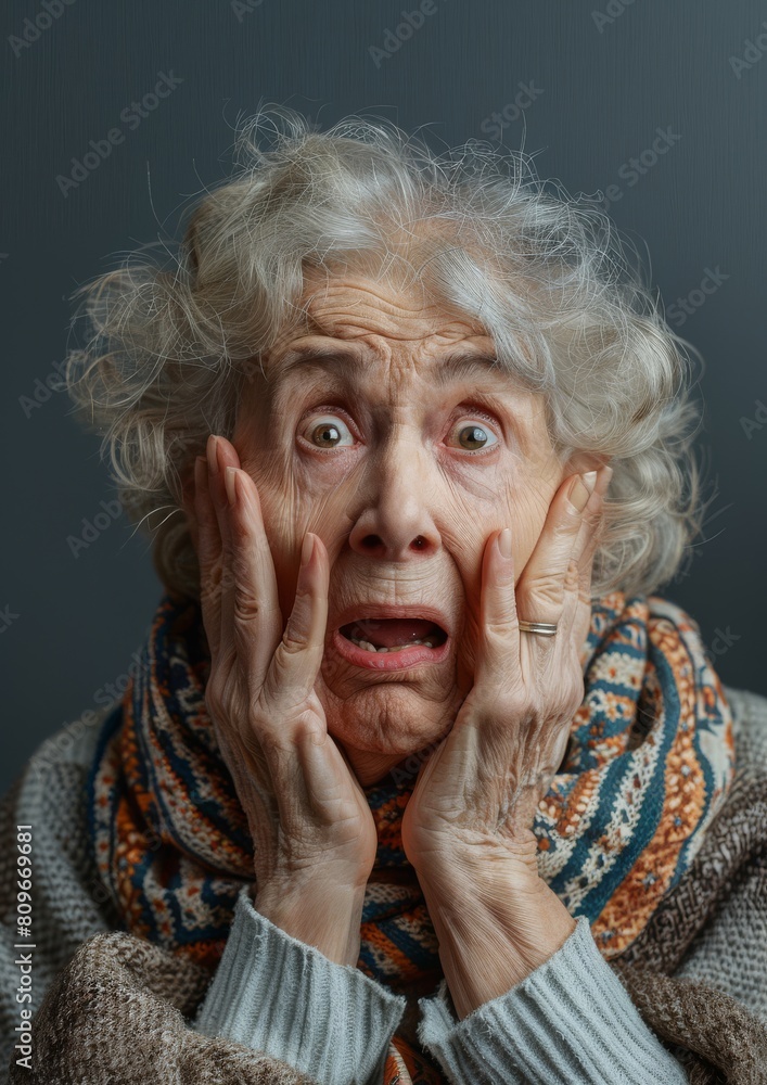 Scared elderly woman who is afraid on a light background. Scared elderly woman who is afraid on a light background.