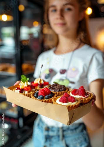 A beautiful woman is standing in a pastry shop and holding a box of tartlets in her hands.