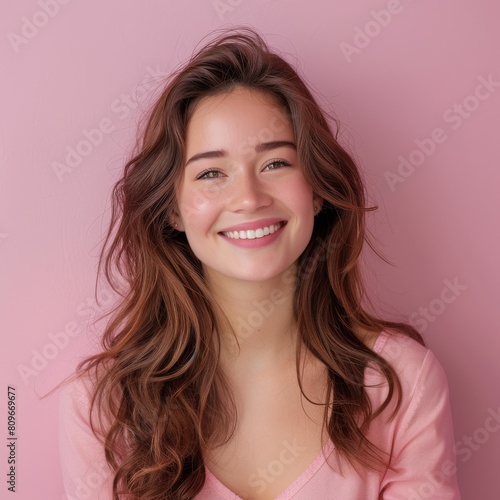 A beautiful young woman who is happy and smiling on a pink background.