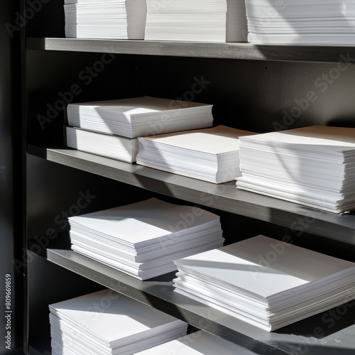 White papers stacked in a shelf in a modern space.