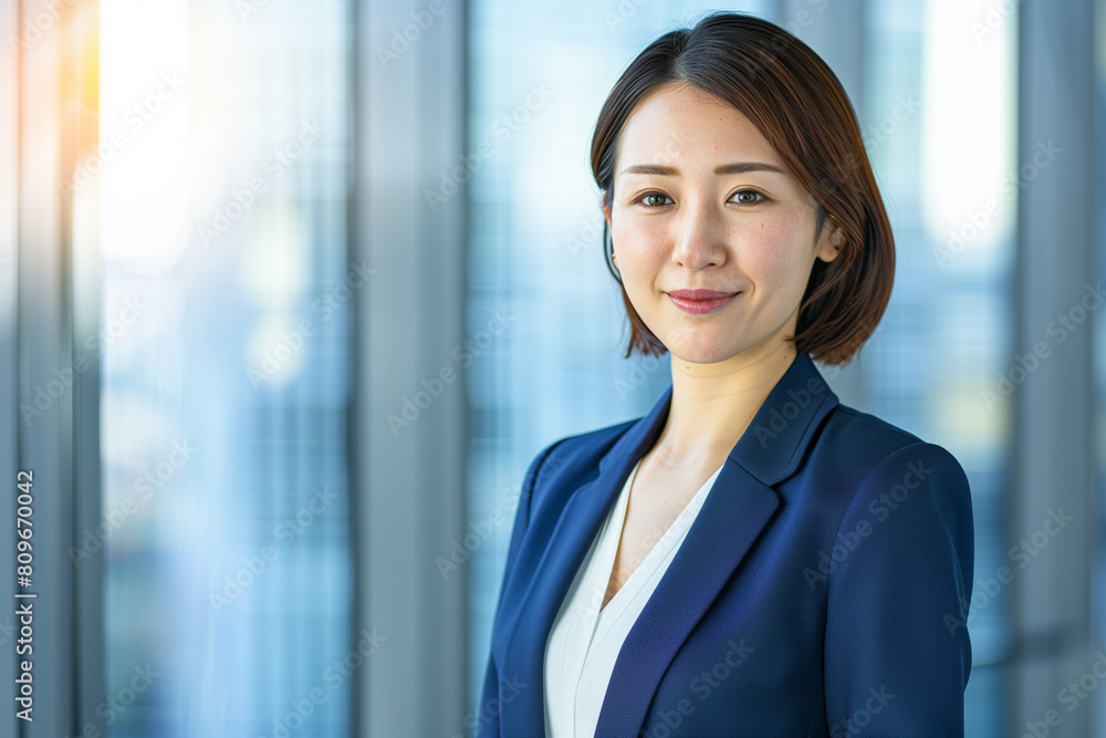 Japanese woman in business attire, smiling and looking directly at the camera with soft lighting Japanese woman in business attire, smiling and looking directly at the camera with soft lighting