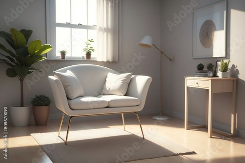 Serene modern living room with a stylish white sofa  indoor plants  and warm sunlight casting shadows across the interior