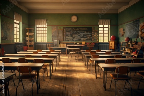 Empty old-fashioned classroom bathed in warm sunlight, featuring wooden desks and a classic chalkboard photo