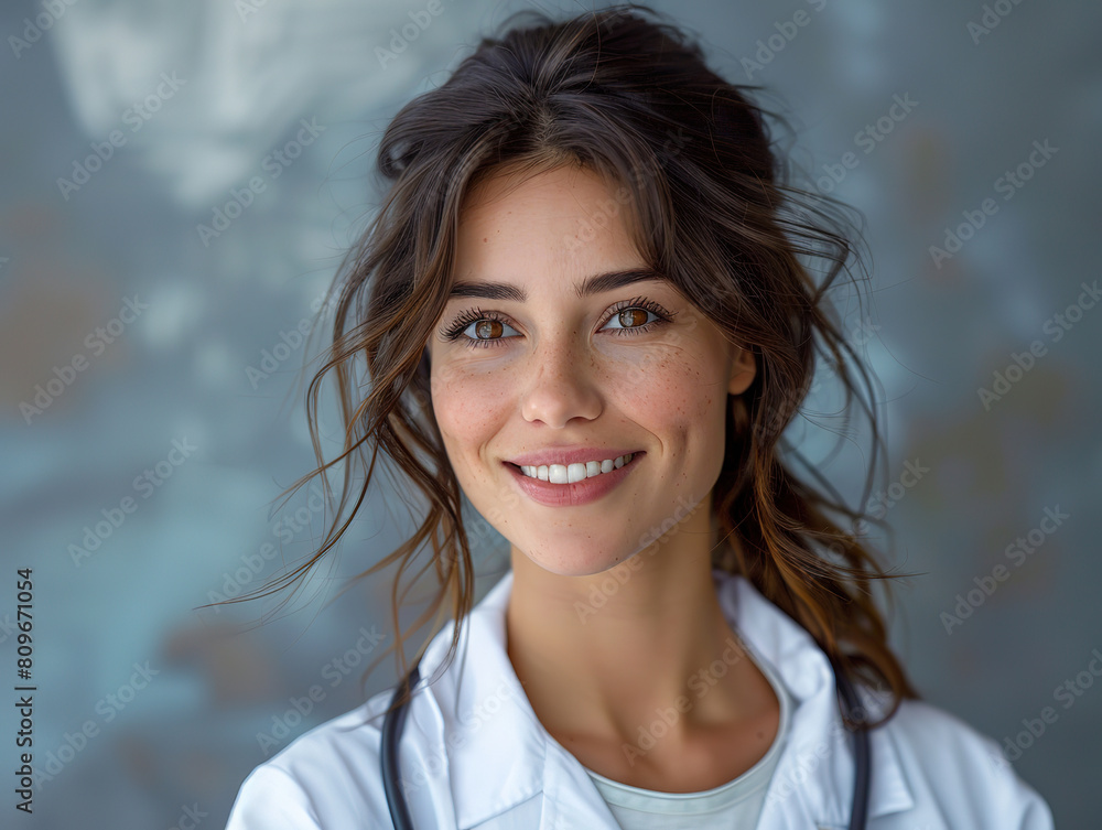 Scientist smiling face with dark brown hair wearing lab coat with Hyper realistic background Scientist smiling face with dark brown hair wearing lab coat with Hyper realistic background