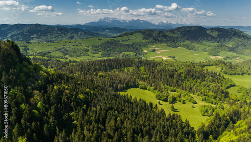Aerial drone view over green hills of Pieniny National Park and snowy Tatra Mountains © marcin jucha