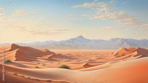 Vast desert dunescape watercolor illustration - Generative AI. Desert, sand, mountain, cloud.
