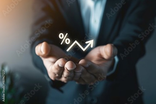 Interest rates and dividends, business development with percentage symbol and upward arrow for long-term retirement investing. . Beautiful simple AI generated image in 4K, unique.