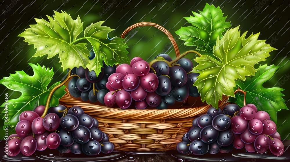 A Harvests Bounty: Basket of Grapes and Leaves A Harvests Bounty: Basket of Grapes and Leaves