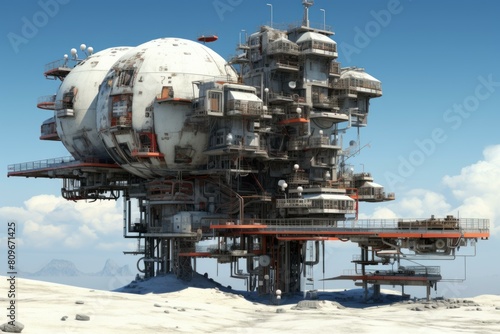 3d-rendered sci-fi industrial facility stands isolated on a desolate extraterrestrial landscape