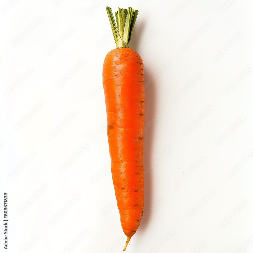 A single carrot on a white background. The carrot is orange and has a green top. It is about 7 inches long and 1 inch in diameter. A single carrot on a white background. The carrot is orange and has a green top. It is about 7 inches long and 1 inch in diameter.