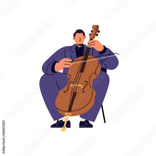 Musician performs classical music with cello. Cellist plays violoncello in symphony concert. Talented man is on performance with bowed string instrument. Flat isolated vector illustration on white