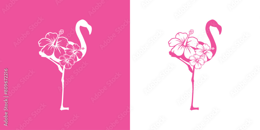 Logo vacaciones en paraíso tropical. Silueta de flamingo con flor de hibisco Logo vacaciones en paraíso tropical. Silueta de flamingo con flor de hibisco