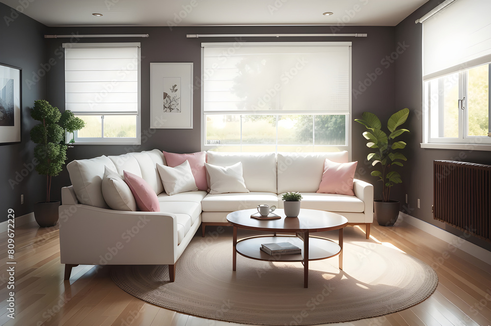 Fototapeta premium Elegant living space with a comfortable white sectional sofa, wooden furniture, and green plants, bathed in soft natural sunlight