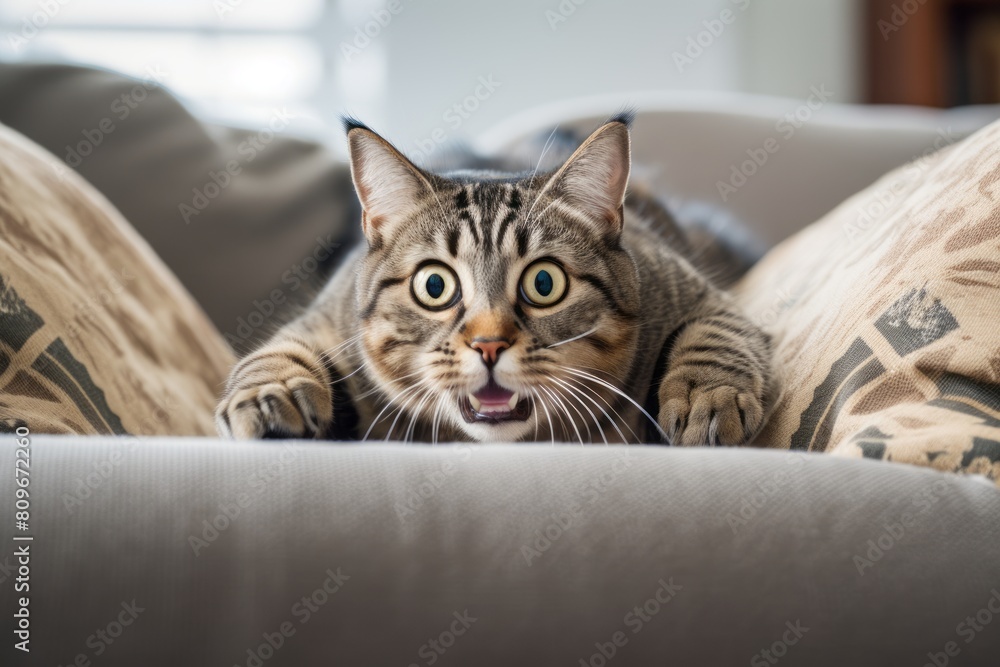 Full-length portrait photography of a curious tabby cat climbing in front of comfy sofa Full-length portrait photography of a curious tabby cat climbing in front of comfy sofa