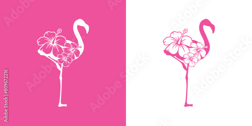 Logo vacaciones en paraíso tropical. Silueta de flamingo con flor de hibisco