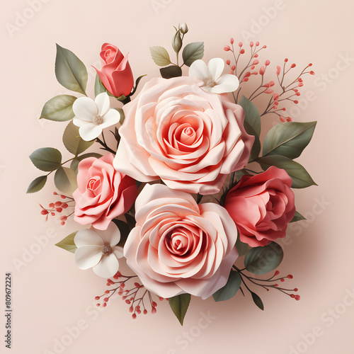 Beautiful composition spring flowers. Bouquet of pink and red roses flowers on pastel pink background. Valentine s Day  Easter  Birthday  Happy Women s Day  watercolor illustration.