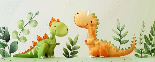 Children s color illustration of cute dinosaurs on a green background.