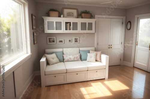 Tranquil living room setting featuring a white sofa with decorative cushions  wooden floor  and sunlight filtering through the window