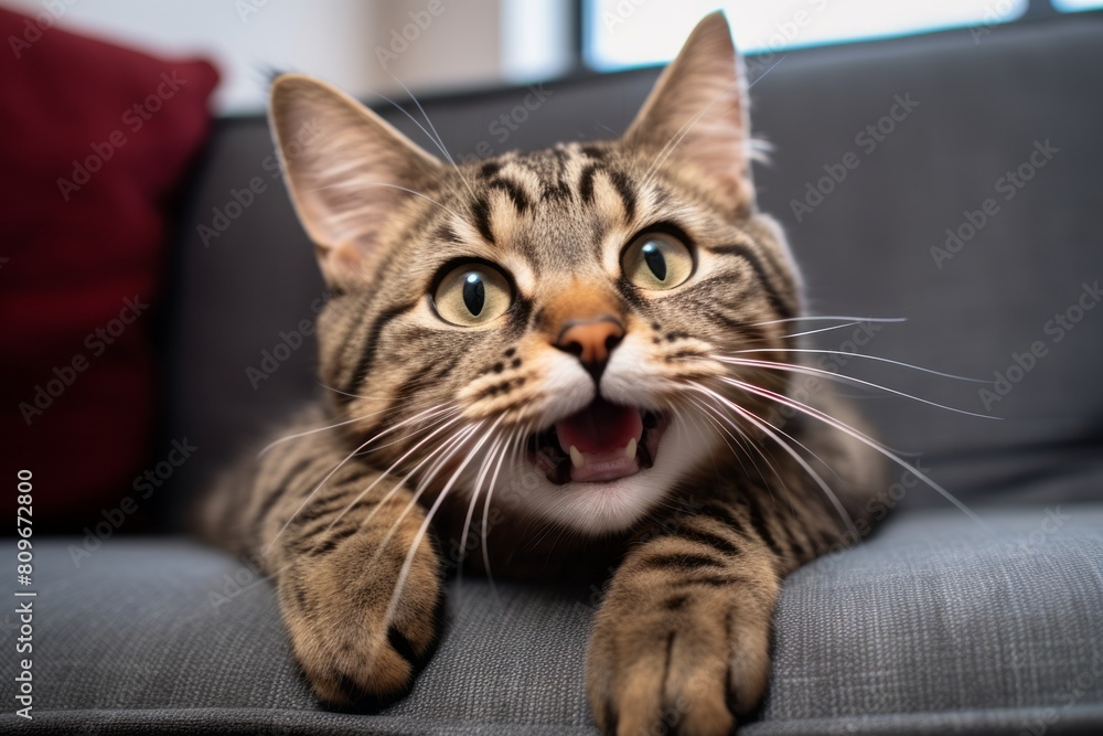 Headshot portrait photography of a smiling tabby cat scratching in front of comfy sofa Headshot portrait photography of a smiling tabby cat scratching in front of comfy sofa