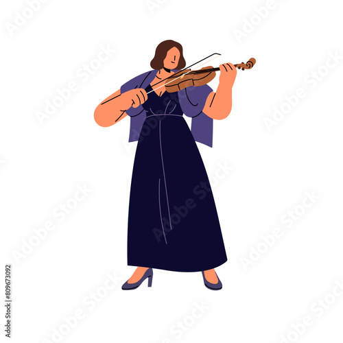 Talented violinist plays string instrument with bow. Musician performs classical music with violin. Viola player is in symphony performance. Flat isolated vector illustration on white background