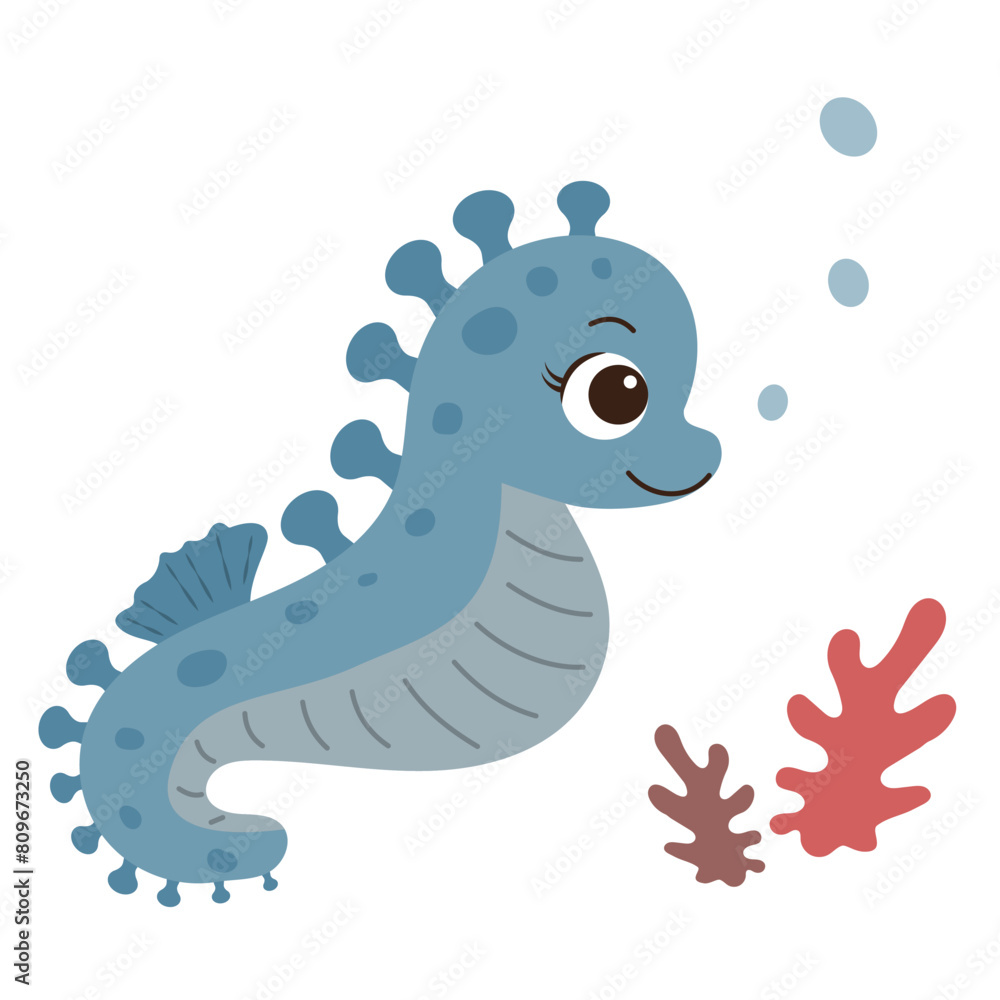 Obraz premium Cartoon seahorse Ocean animal Exotic underwater cute creature Marine life Isolated background