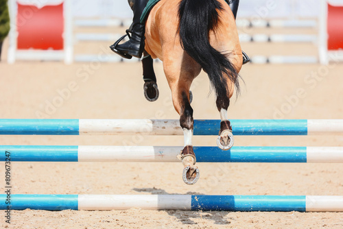 The hind shod hooves of a buckskin pony that has just jumped over the high hurdle. Pony jumping. Workout. photo