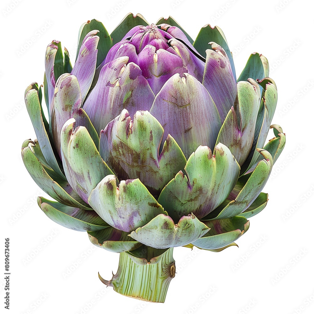 Photo of an artichoke on a white background. The artichoke is closed and has a green and purple color. Photo of an artichoke on a white background. The artichoke is closed and has a green and purple color.