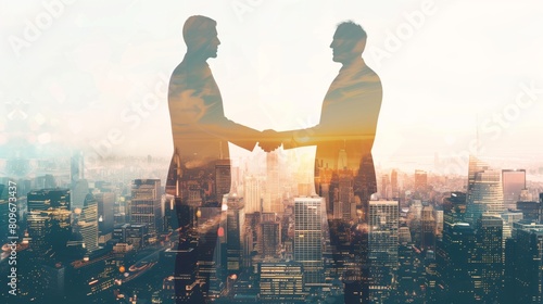 Business People Shaking Hands with City Skyline Building Background  Concept of corporate teamwork  trust partner and work agreement  partnership success of business deal  Double exposure
