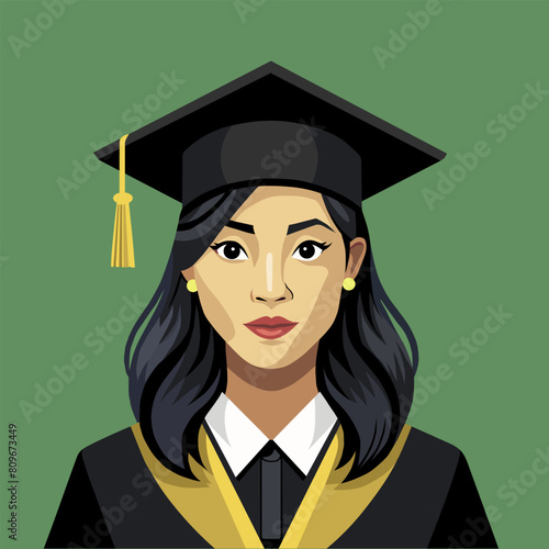 Portrait of a young graduate in graduation dress and hat. Flat vector illustration