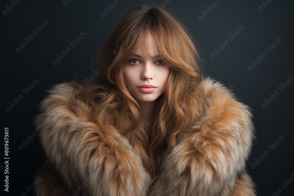 Portrait of a beautiful young woman with striking features, draped in a rich fur coat Portrait of a beautiful young woman with striking features, draped in a rich fur coat