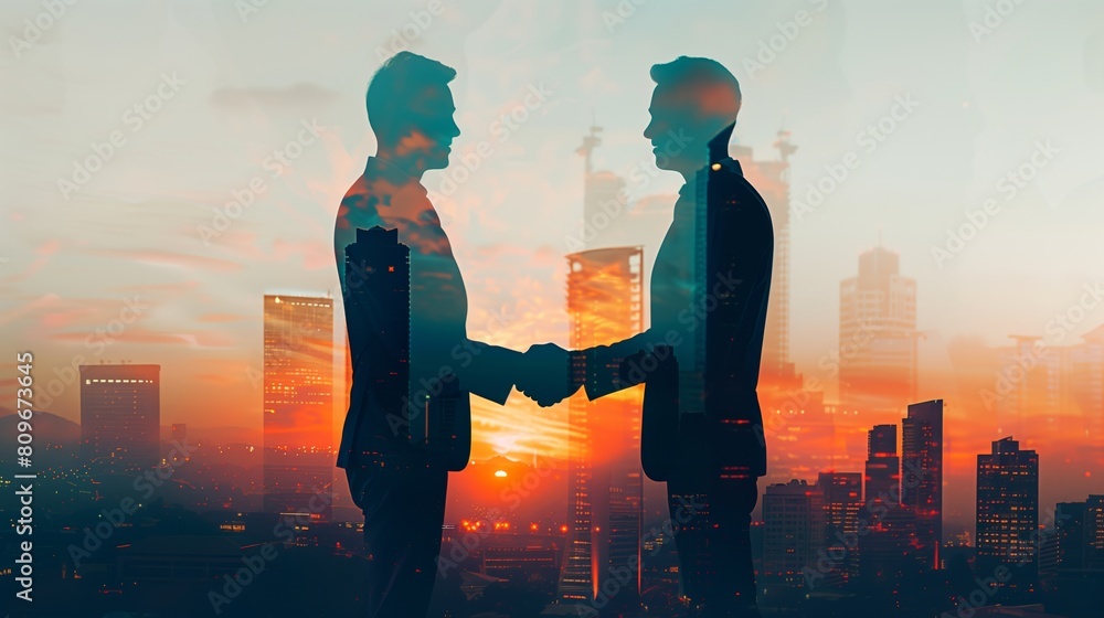 Fototapeta premium Business People Shaking Hands with City Skyline Building Background: Concept of corporate teamwork, trust partner and work agreement, Collaboration, partnership success of business deal