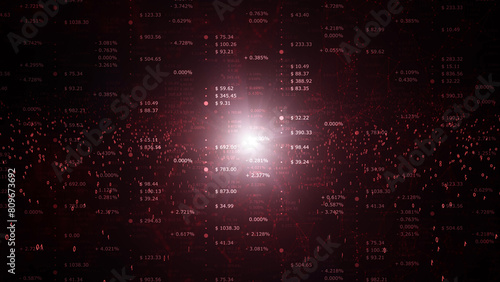 Negative economy data index numbers. Red business background with numbers in dollars and percentile with shining red light. Illustration.
