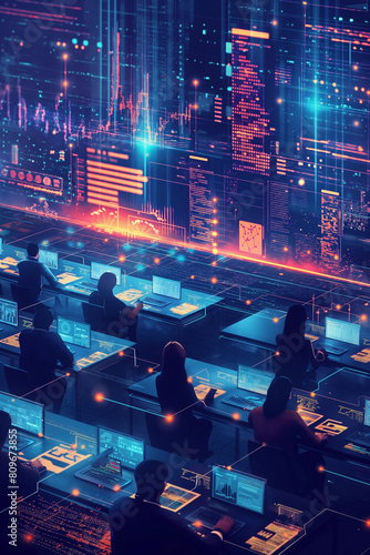 High-tech command center in action, showcasing a team of professionals monitoring and analyzing real-time data streams in a futuristic urban setting - AI generated