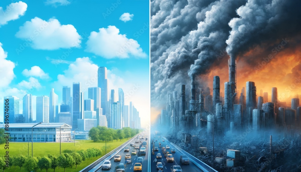 Urban contrast: clean sustainable city vs polluted industrial dystopia
