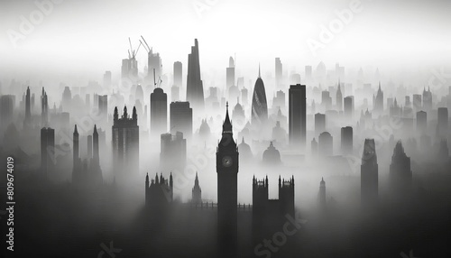 London skyline shrouded in dense fog and smog
