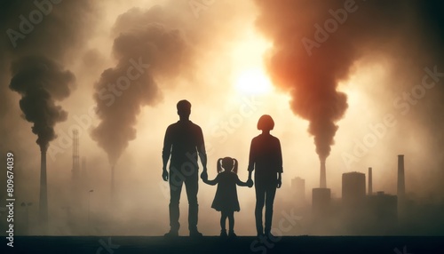 Family silhouetted against industrial pollution at sunset 